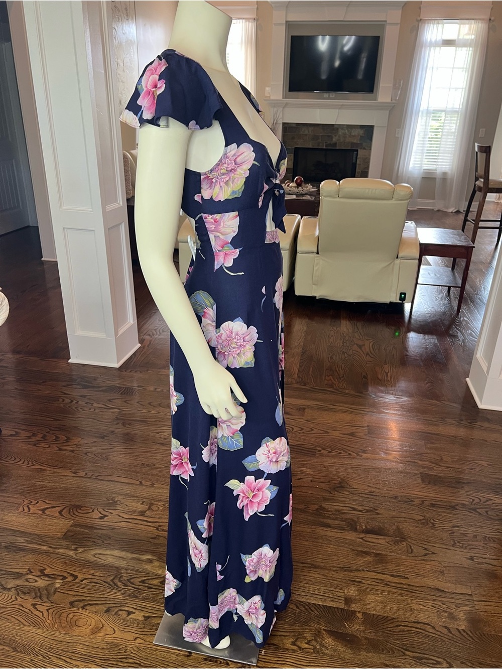 Reformation Navy Floral Tie-Front Maxi Dress with Pink Blooms - Picture 4 of 15